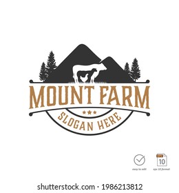 Vintage With Mountain, Cow, Sheep And Chicken Element, Livestock Logo Design Vector