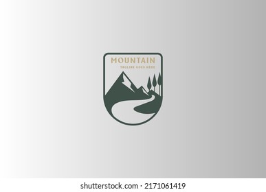 Vintage Mountain Forest with River Creek or Winding Road Street Way Badge Emblem Label Logo Design Vector