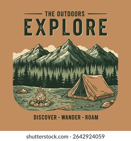 vintage mountain graphics. the Outdoors Explore slogan. camp faire retro adventure vector. autumn winter prints. t-shirt sweatshirt winter design.