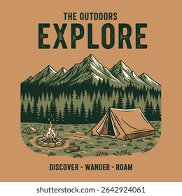 vintage mountain graphics. the Outdoors Explore slogan. camp faire retro adventure vector. autumn winter prints. t-shirt sweatshirt winter design.