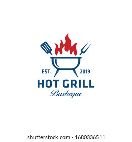Vintage mountain Grill Barbeque  bbq with crossed fork and fire flame Logo design.