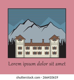 Vintage mountain house label, vector illustration