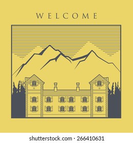 Vintage mountain house label, vector illustration