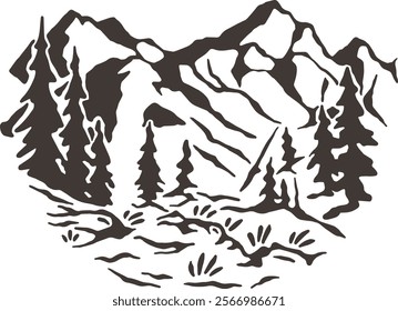 Vintage mountain illustration featuring majestic peaks and pine forests in a retro style. Designed with a nostalgic aesthetic, perfect for travel posters, outdoor branding, or adventure merchandise