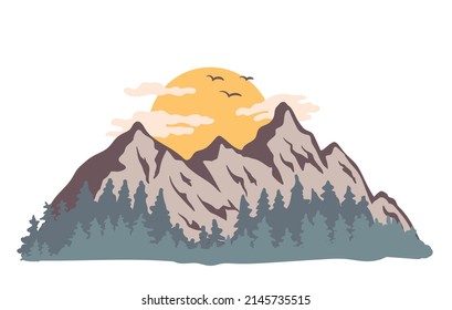 Vintage mountain landscape. Mountain with forest and sun retro vintage print design. 