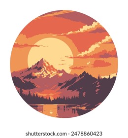 Vintage mountain landscape with a lake at sunset. A template for the design of stickers, clothes and souvenirs. Vector illustration.