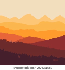 Vintage mountain landscape with sun, mountains and forest. Vector illustration.