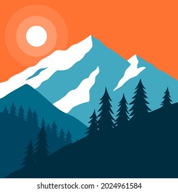 Vintage mountain landscape with sun, mountains and forest. Vector illustration.