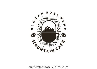 vintage mountain logo with cup of coffee, logo inspiration