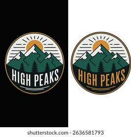 Vintage Mountain Logo Design Vector ,High Peaks Mountain Adventure Badge and Retro Peak Forest Logo	
