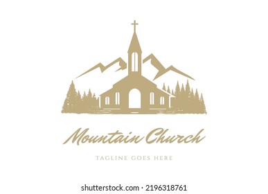 Vintage Mountain Pine Evergreen Spruce Larch Cypress Fir Trees Forest with Christian Church Chapel Logo Design