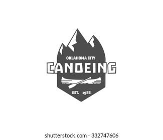 Vintage mountain, rafting, canoeing camp logo, label, badge with boat. Stylish Monochrome design. Outdoor activity theme. Summer and winter vacation insignia. Vector Illustration