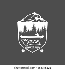 vintage mountain, rafting, kayaking, paddling, canoeing camp logo, label, badge. Stylish Monochrome design. Outdoor activity theme. Summer and winter vacation insignias