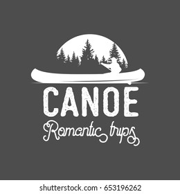 vintage mountain, rafting, kayaking, paddling, canoeing camp logo, label, badge. Stylish Monochrome design. Outdoor activity theme. Summer and winter vacation insignias