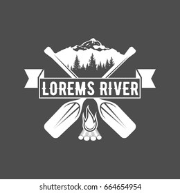 vintage mountain, rafting, kayaking, paddling, canoeing camp logo, label, badge. Stylish Monochrome design. Outdoor activity theme. Summer and winter vacation insignias