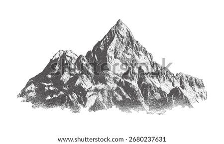 Vintage mountain range vector illustration in stippling style with halftone texture, detailed engraving effect, black and white hand drawn landscape on transparent background for design projects
