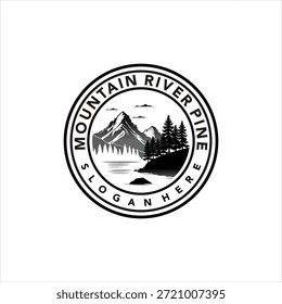Vintage Mountain River Pine Logo Elemento de diseño Plantilla de Vector