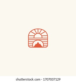 Vintage Mountain Sun logo template design in Vector illustration 