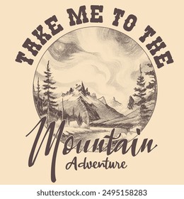 Vintage Mountain vector Graphic, Adventure Outdoors dot effects with hand drawn, autumn winter t-shirt print design, men's, women's kids girls clothing design