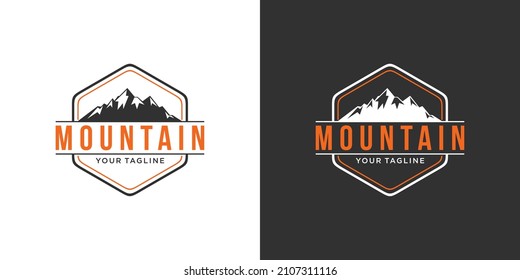 Vintage mountain vector logo design and illustration on black and white background.