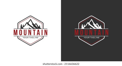 Vintage mountain vector logo design and illustration on black and white background.