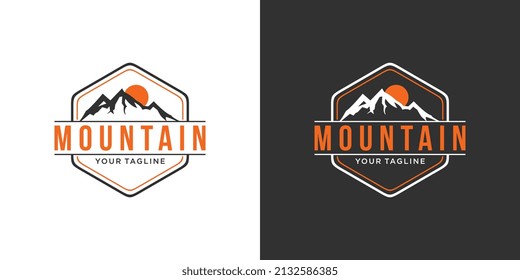 Vintage mountain vector logo design illustration on black and white background.
