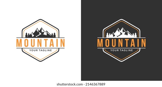 Ilustración de diseño del logotipo vectorial de montaña vintage sobre fondo blanco y negro.