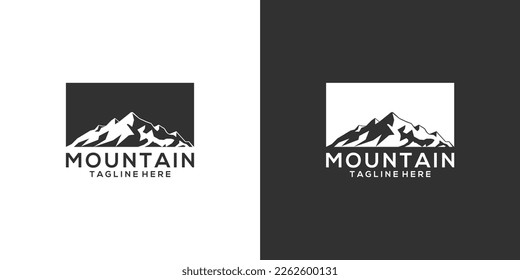 Diseño del logotipo vectorial de montaña vintage e ilustración de fondo blanco y negro.