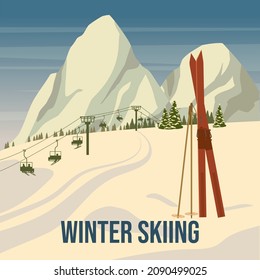 Vintage Mountain winter resort Alps, with wooden old fashioned skis and poles. Snow landscape peaks, slopes. Travel retro poster