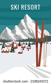 Vintage Mountain winter resort Alps, with wooden old fashioned skis and poles. Snow landscape peaks, slopes. Travel retro poster