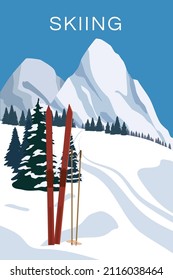 Vintage Mountain winter resort Alps, with wooden old fashioned skis and poles. Snow landscape peaks, slopes. Travel retro poster