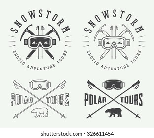 Vintage mountaineering and arctic expeditions logos, badges, emblems and design elements. Vector illustration