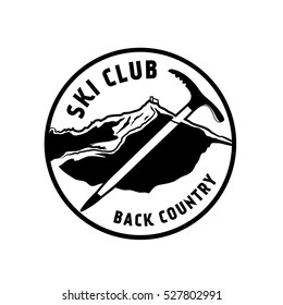 Vintage mountaineering and arctic expeditions logos, badges, emblems and design elements. Vector illustration. Ice pickaxe sign