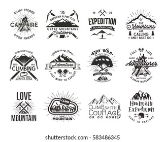 Vintage mountaineering badges. Climbing logo, vector emblems. Climbing alpinism gear - helmet, carabiner, campfire. Retro t shirt design of climb insignias. Old style climber illustration