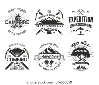 Vintage mountaineering badges set. Climbing logo, vintage vector emblems. Climb alpinism gear - helmet, carabiner, campfire.Retro t shirt design. Old style illustration. Letterpress effect. Isolated.