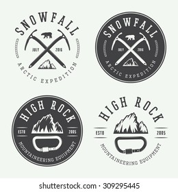 Vintage mountaineering logos, badges, emblems. Vector illustration