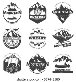 Vintage mountains logos set for camping tourism on white background isolated vector illustration