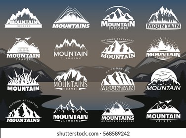 Vintage mountains logotypes for hiking and climbing tourism on landscape background isolated vector illustration 