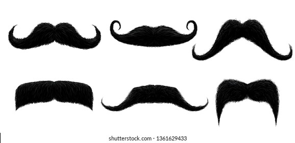 Vintage moustache. Funny retro mustache, fake mustaches and isolated curly hair moustaches. Gentleman moustache or barbershop moustaches hairstyle. Vector illustration isolated icons set