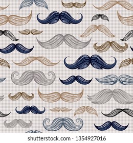 Vintage moustaches seamless hand drawn pattern. Retro classic french, british face style texture background. Line sketch, hipster element. Wallpaper, wrapping paper, fabric print  vector illustration