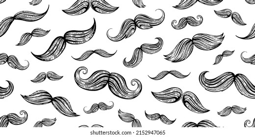 Los bigotes vintage se dibujan a mano sin fisuras. Fondo de textura de estilo facial retro clásico francés, británico. Esbozo de línea, elemento hipster. Papel de escritorio, papel envolvente, ilustración vectorial de impresión de tela