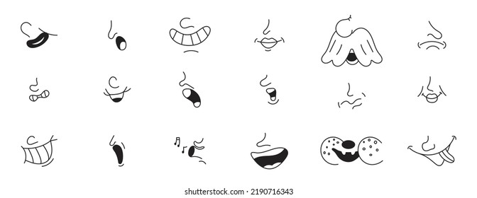 Vintage mouth mascot set vector in retro 30s cartoon style. Cute, funny smiles, as examples of 50s, 60s old animation style. Crazy mems of mouths. Sad, angry emotions.