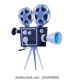 Vintage movie camera with filmstrip and lens on tripod isometric vector illustration. Retro cinema production electronic equipment multimedia reel retro cinematography capture device with buttons