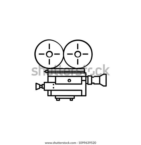 Vintage movie camera hand drawn outline\
doodle icon. Classic movie, film and cinema camera with reels\
vector sketch illustration for print, web, mobile and infographics\
isolated on white\
background.