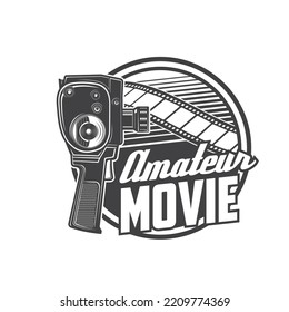 Vintage Movie Camera Icon Of Vector Retro Video Camera Or Old Handheld Camcorder With Film Reel And Tape Frame. Cinematography And Newsreel Equipment Badge, Movie Festival Or Motion Picture Studio