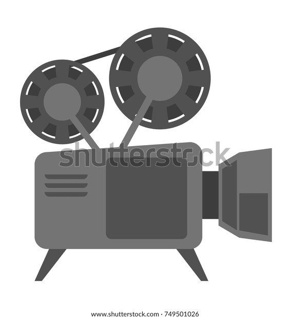 Vintage movie camera with reel vector\
cartoon illustration isolated on white\
background.