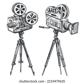 Vintage movie camera sketch. TV, film industry, cinema concept. Hand drawn retro video projector vector illustration