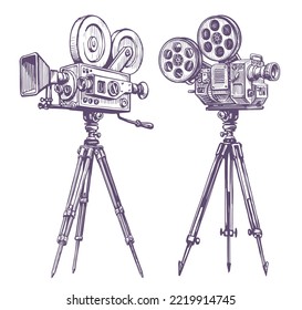 Vintage movie camera. TV, film industry, cinema concept. Hand drawn retro video projector sketch vector illustration