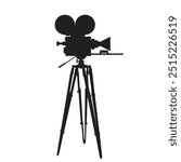 Vintage movie camera vector silhouette isolated on white background. Old film camera, Black Vector illustration.
