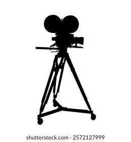 Vintage movie camera vector silhouette isolated on white background. Old film camera, Black Vector illustration.
